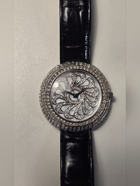Adee Kaye Bevery Hills Collection Crystal Pavé Dial Watch w/ Black Leather Strap